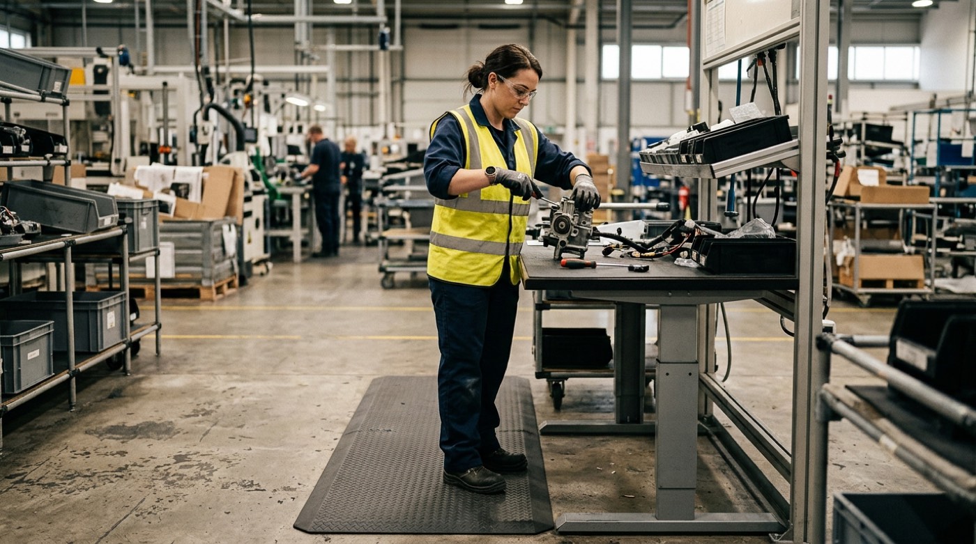 Standing assembly workstation with anti-fatigue matting underfoot