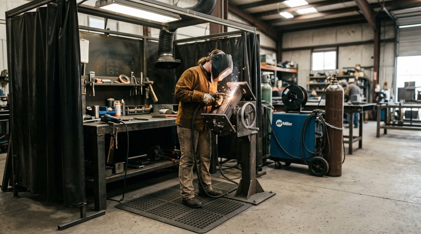 Welder standing at a fabrication bench with matting underfoot