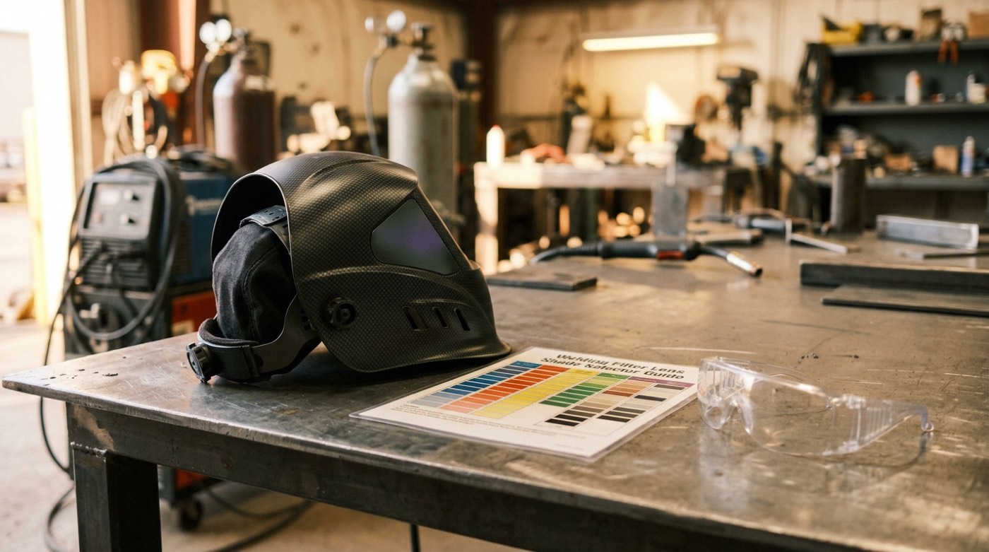 Welder wearing an auto-darkening helmet with a bright welding arc