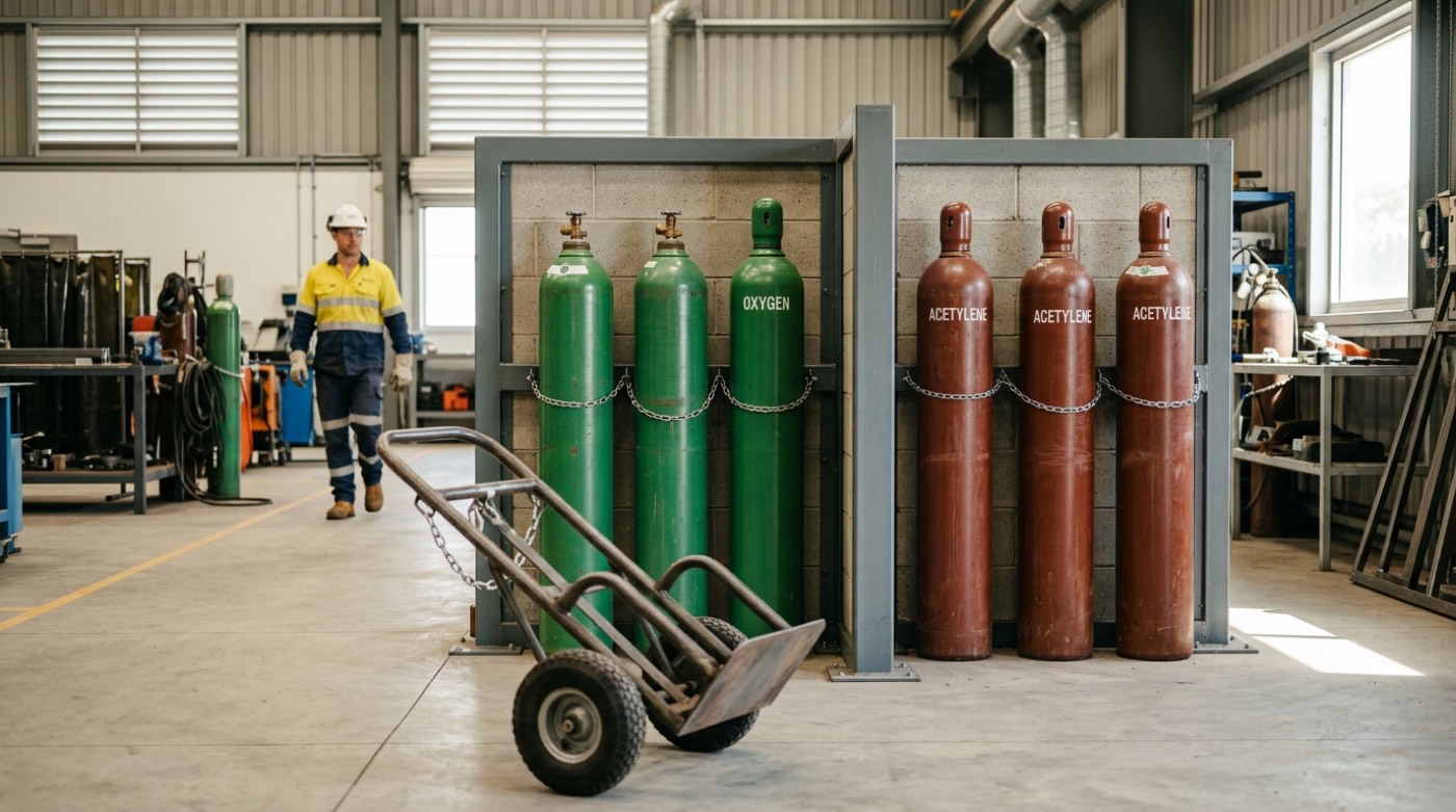 Compressed-gas cylinders secured upright with valve caps in a storage area