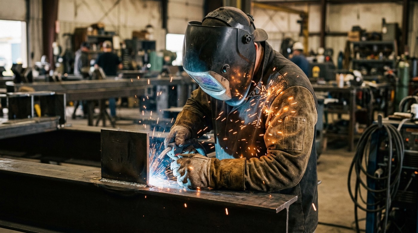 Welder in flame-resistant clothing and gloves working with sparks