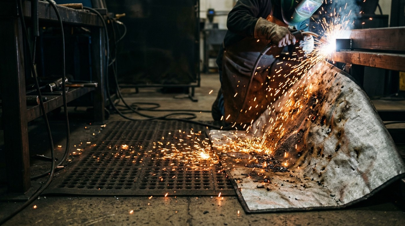 Sparks falling onto floor protection at a welding station in a fabrication shop