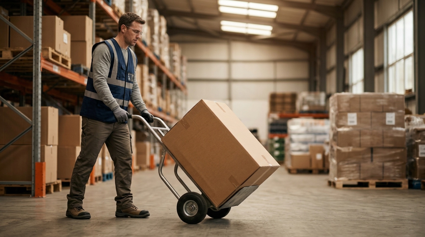 Worker pushing a two-wheel hand truck loaded with boxes stacked low and secured with a strap