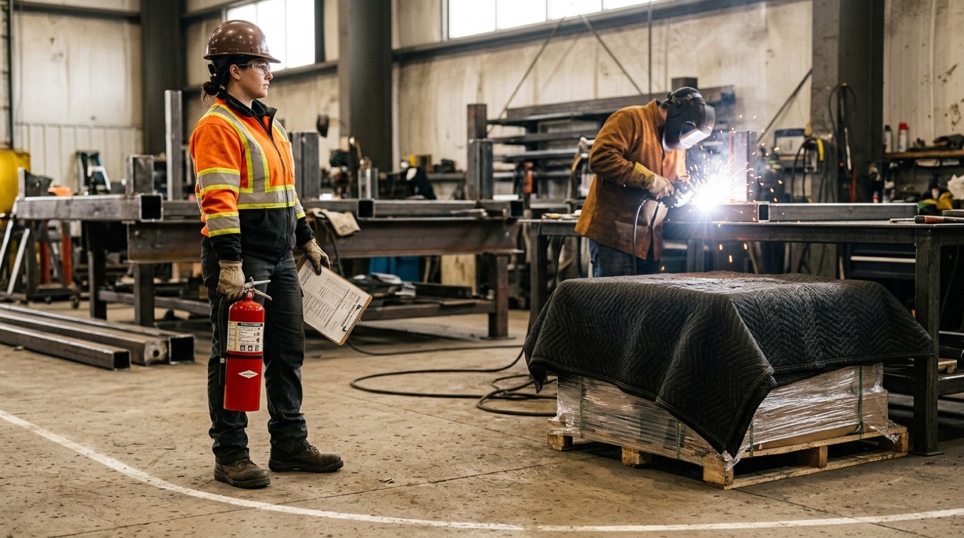 Welder performing hot work with a fire watch and extinguisher nearby