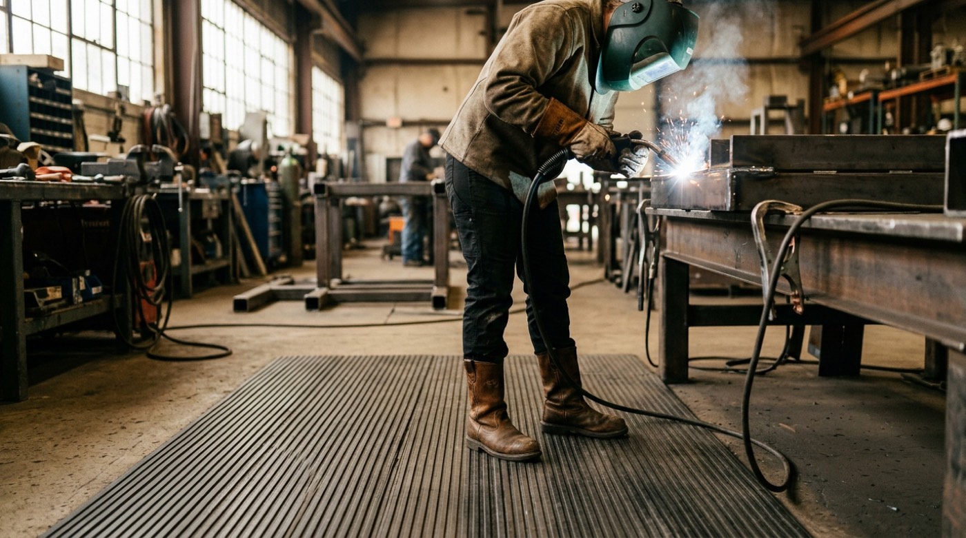 Welder standing on insulating matting while arc welding on grounded steel