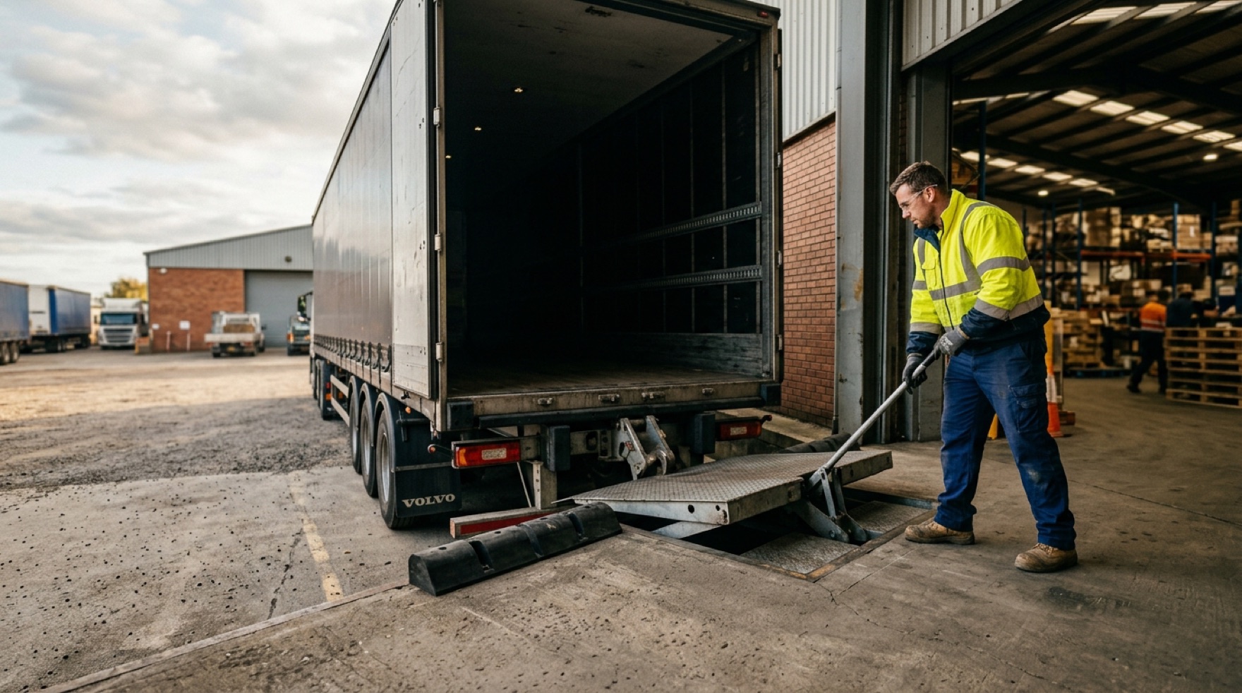 Forklift crossing a secured dock leveler into a chocked trailer at a loading dock