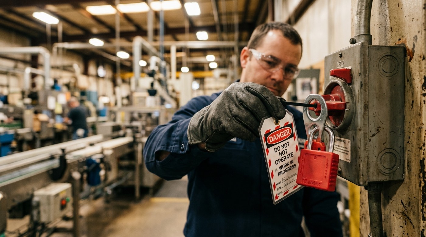 Lockout/tagout padlocks applied to an energy-isolating device on production equipment