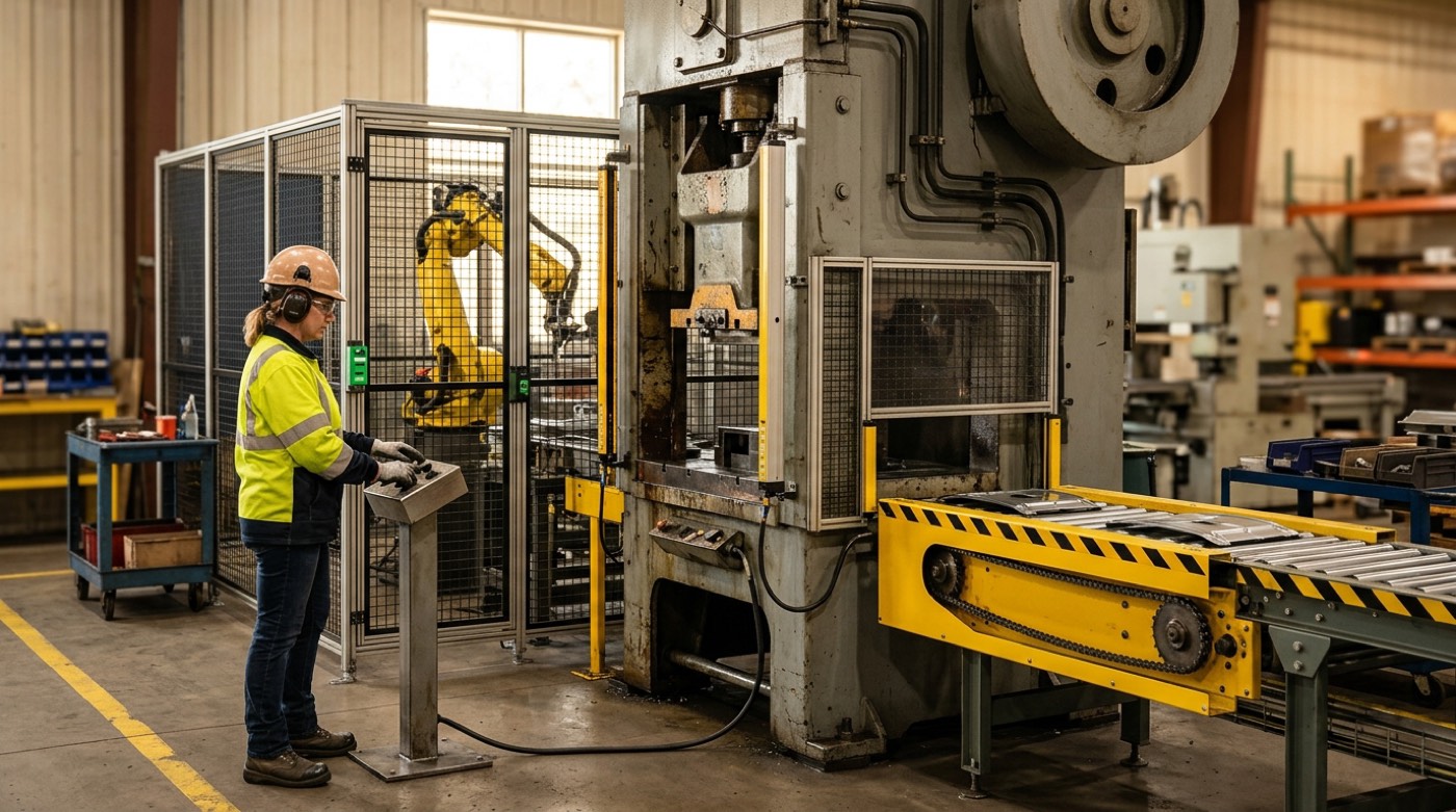 Guarded industrial press and robotic equipment on a manufacturing line