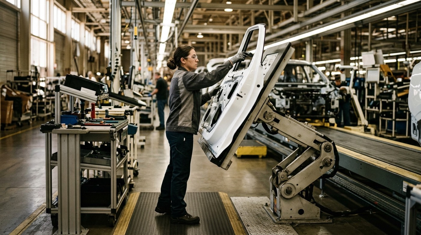 Worker performing repetitive assembly tasks at an automotive line station