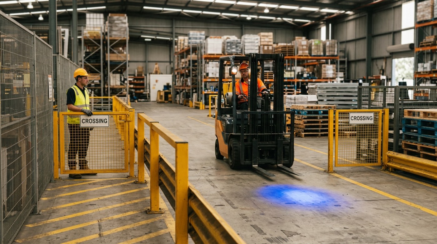 Forklift operating in a manufacturing aisle near marked pedestrian walkways