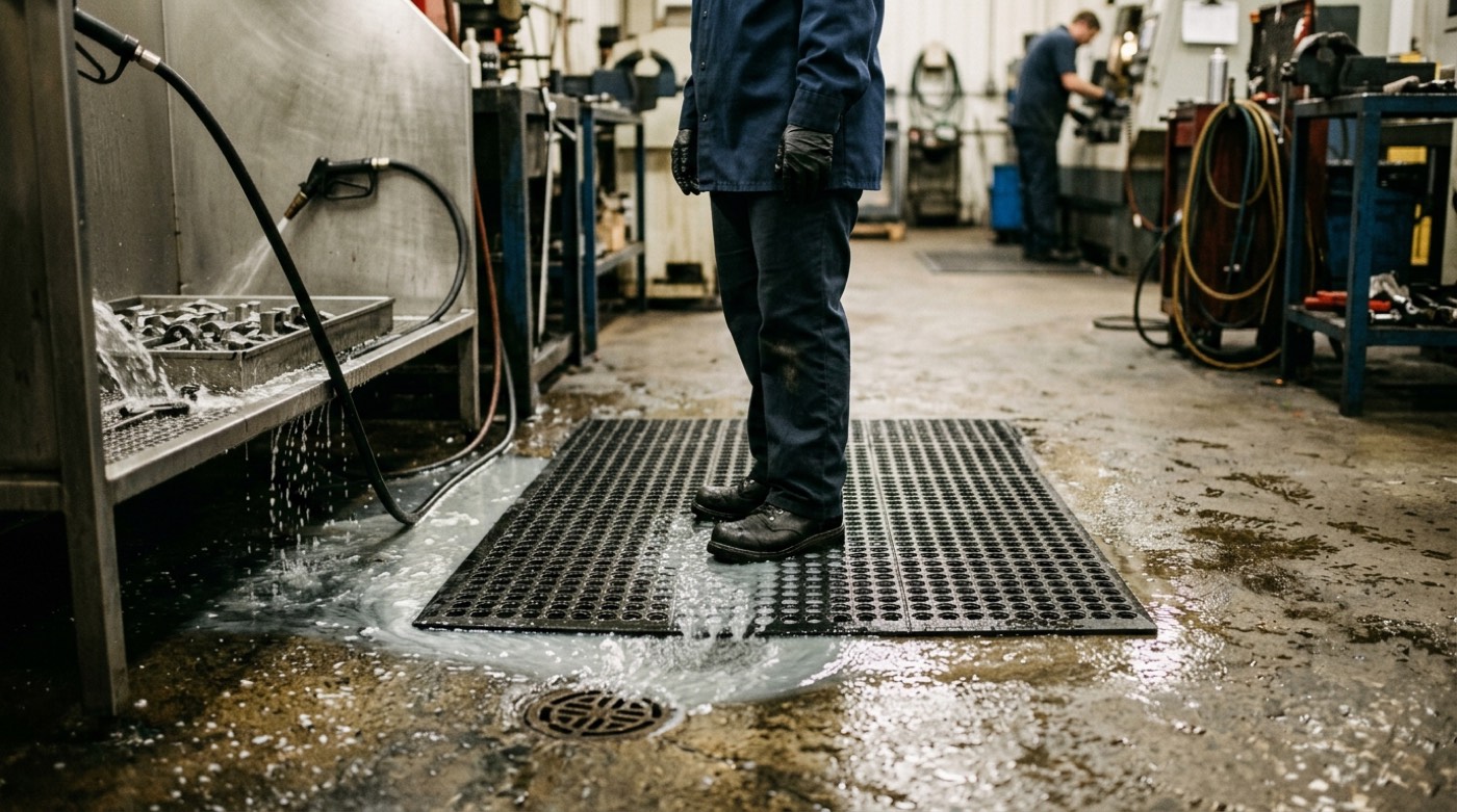 Open-grid drainage matting on a wet industrial floor in a washdown area