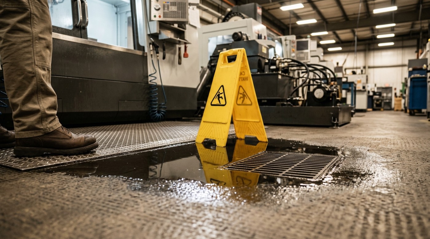 Wet caution sign on a shiny industrial plant floor near machinery