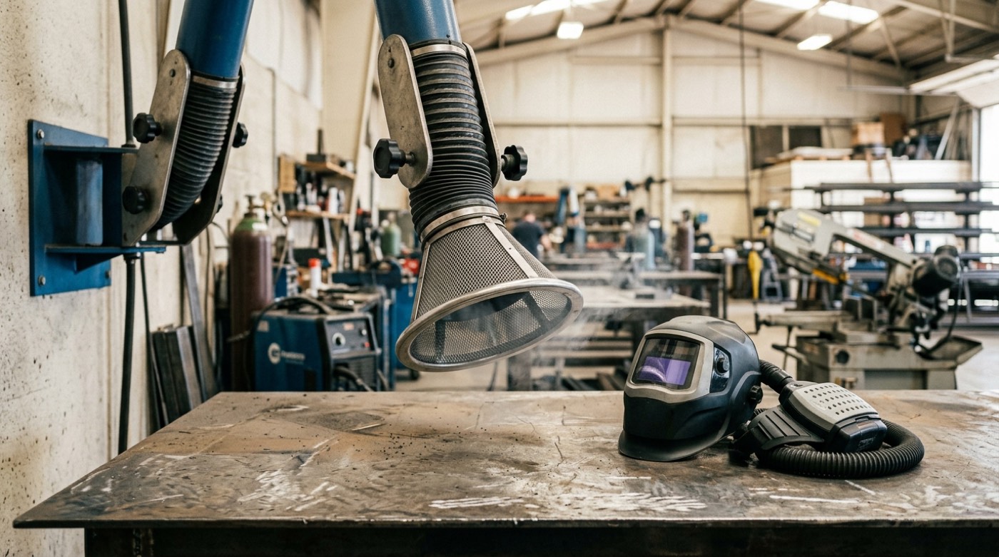 Welding fume extraction arm capturing smoke at the arc in a fabrication shop